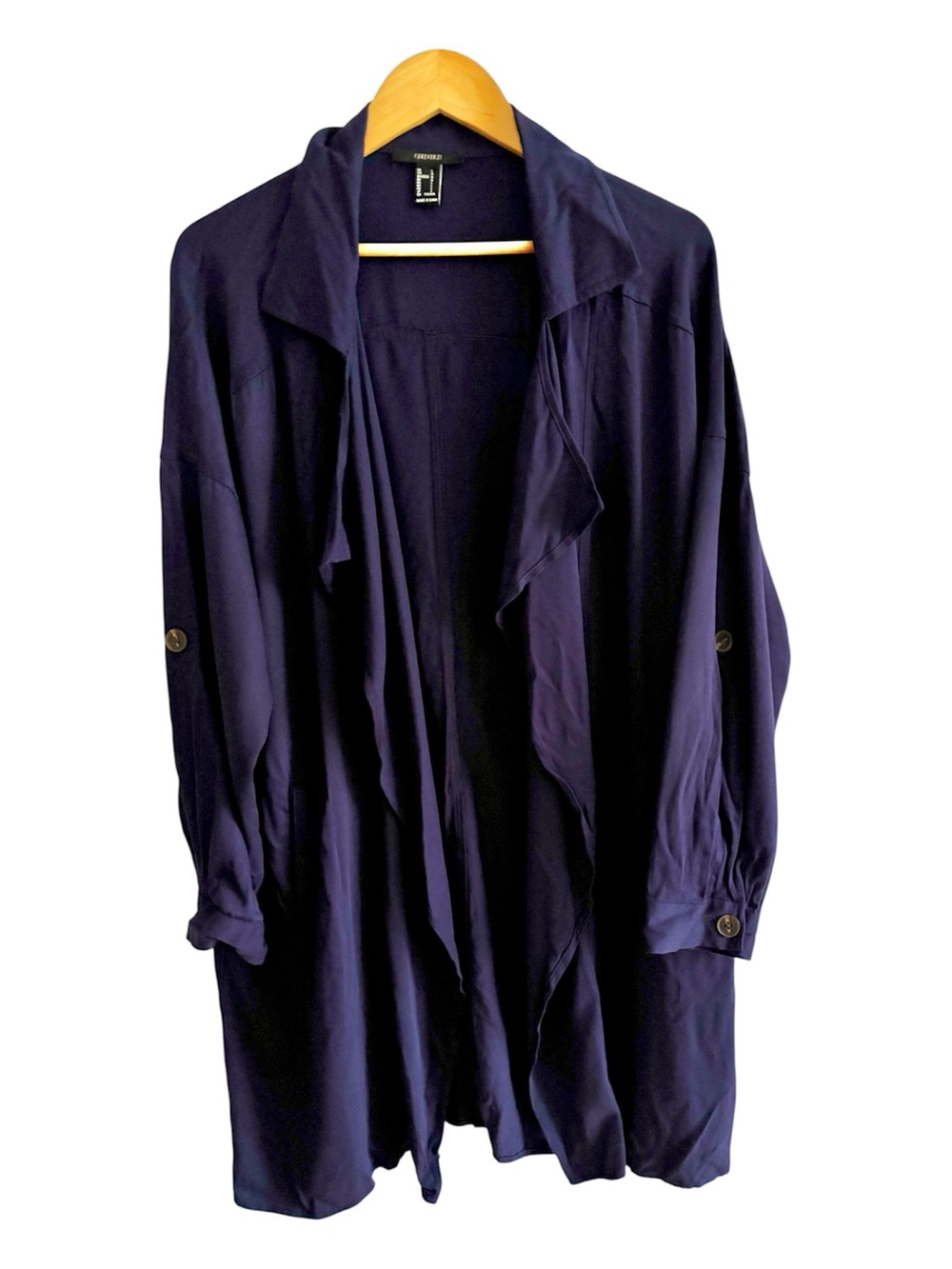 Forever 21 Navy Draped Open Trench Coat, Roll Tab Sleeve, Excellent Condition